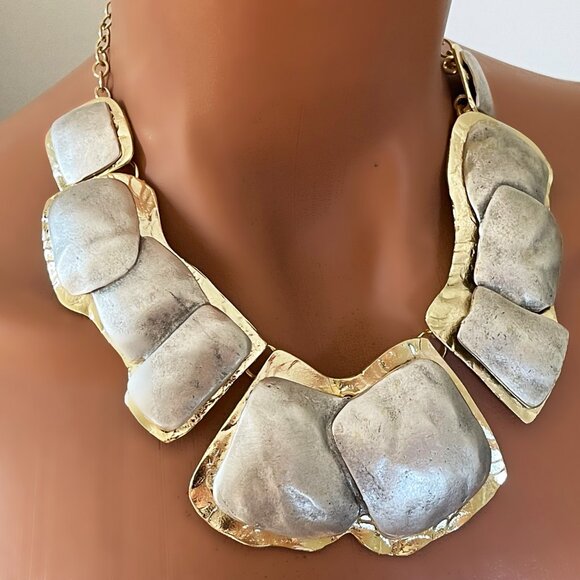 Brand New Chunky Two Tone Gold Plated Minimalist Necklace and Earrings Set - Picture 5 of 5